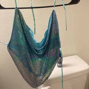 Blue cowl neck sparkly top